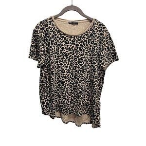 Zara Leopard Print T-Shirt Womens L Beige & Black Casual Short Sleeve